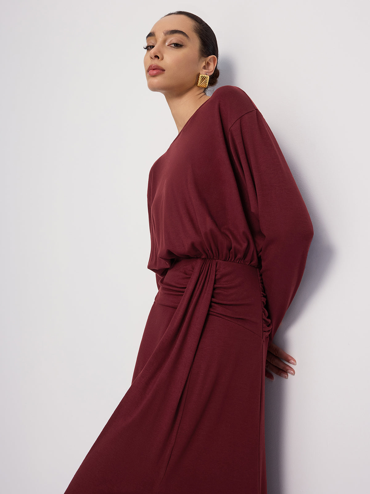 Long Sleeve Maxi Dress with Ruched Details and Slit