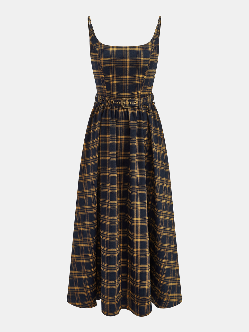 Plaid Midi Dress with Smocked Bodice and Belt
