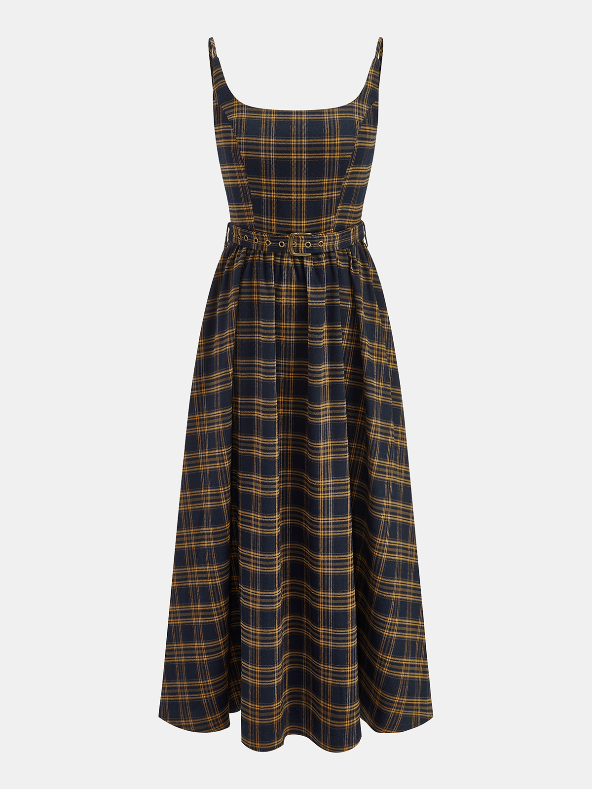 Plaid Midi Dress with Smocked Bodice and Belt