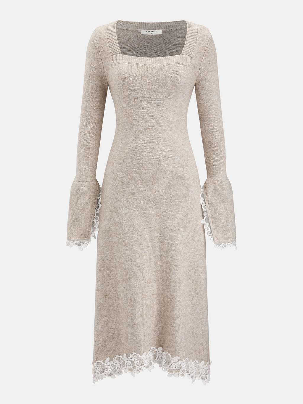 Square-Neck Dress with Lace Trim and Wool Blend