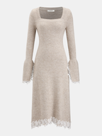Square-Neck Dress with Lace Trim and Wool Blend