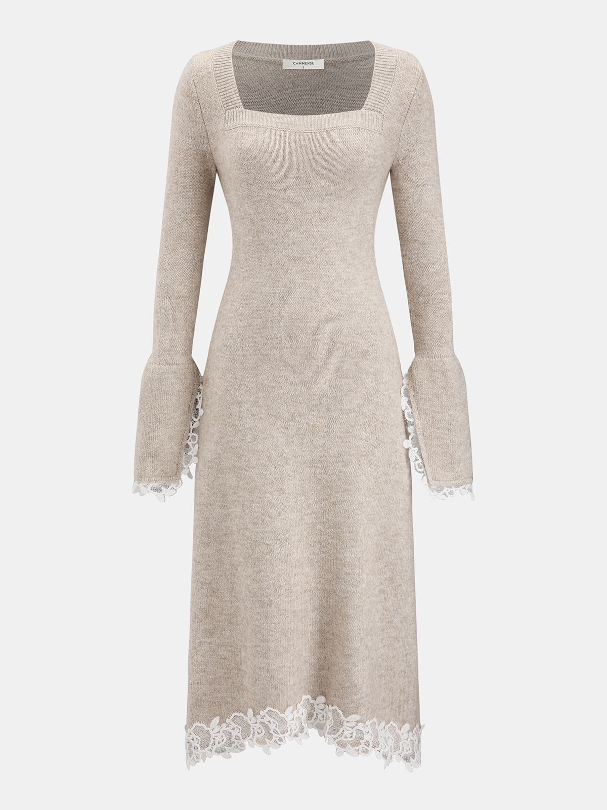 Square-Neck Dress with Lace Trim and Wool Blend