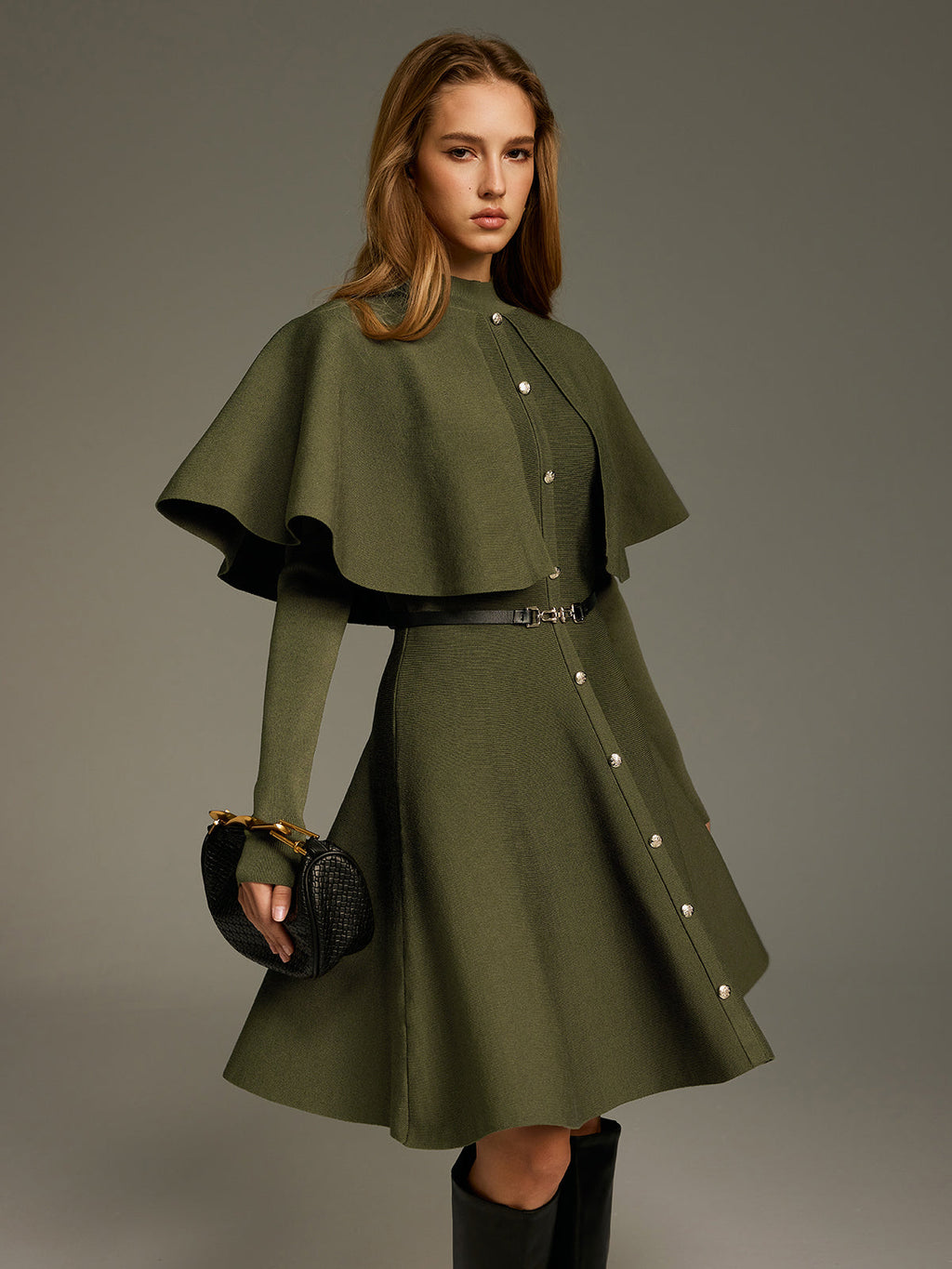 Capelet Midi Dress with Belt and Button Front