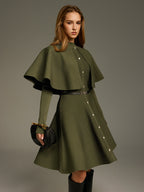 Capelet Midi Dress with Belt and Button Front