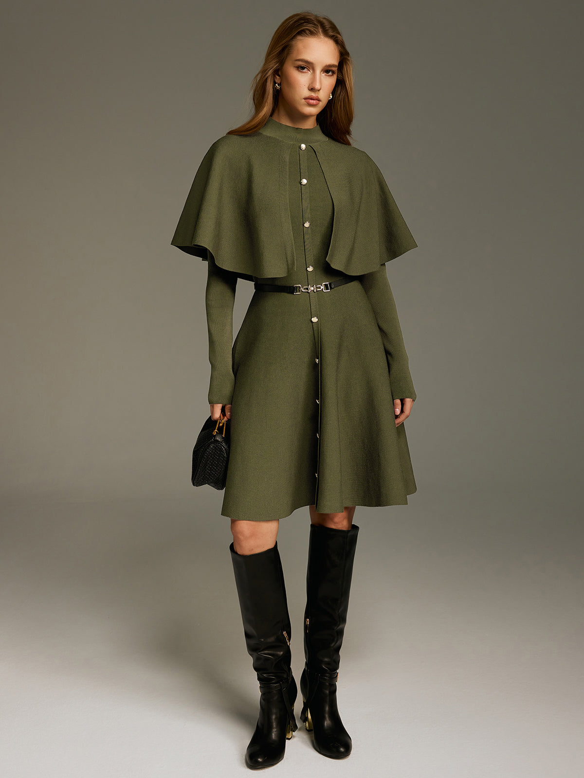 Capelet Midi Dress with Belt and Button Front