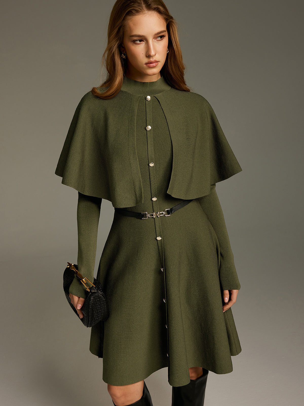 Capelet Midi Dress with Belt and Button Front