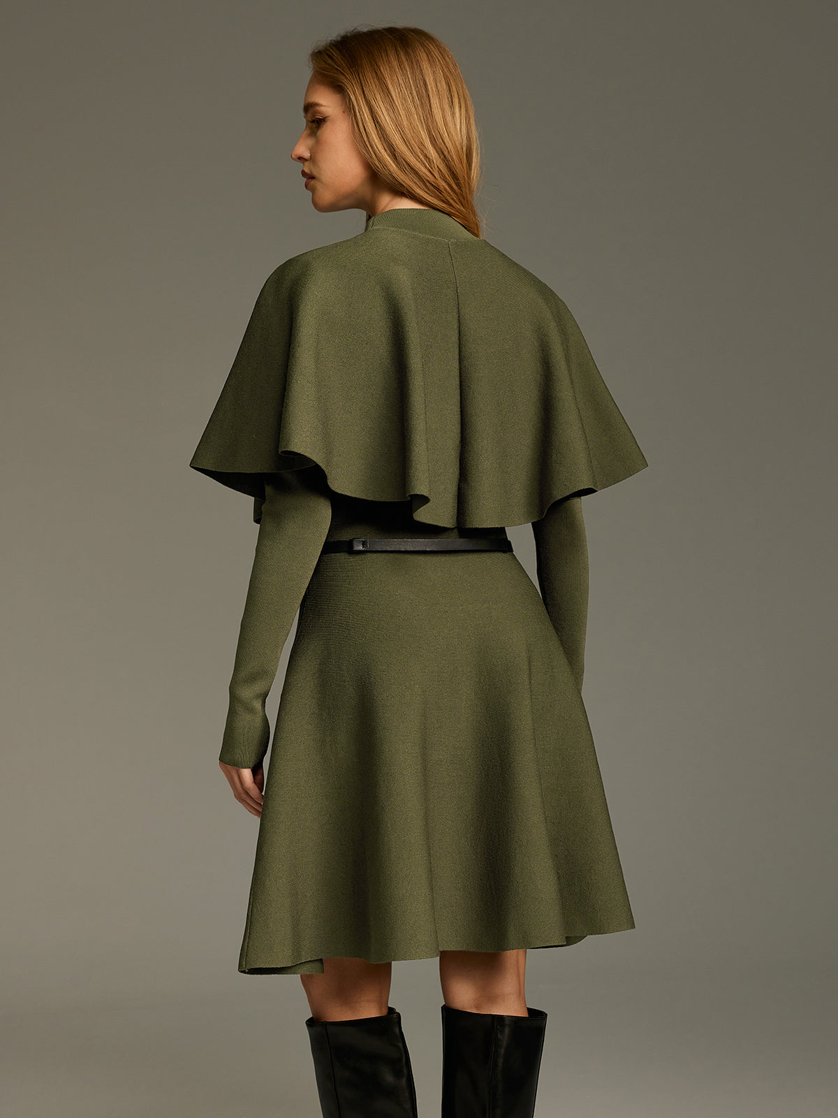 Capelet Midi Dress with Belt and Button Front
