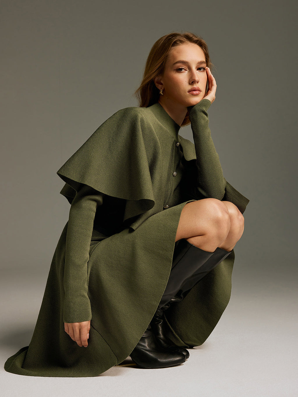 Capelet Midi Dress with Belt and Button Front