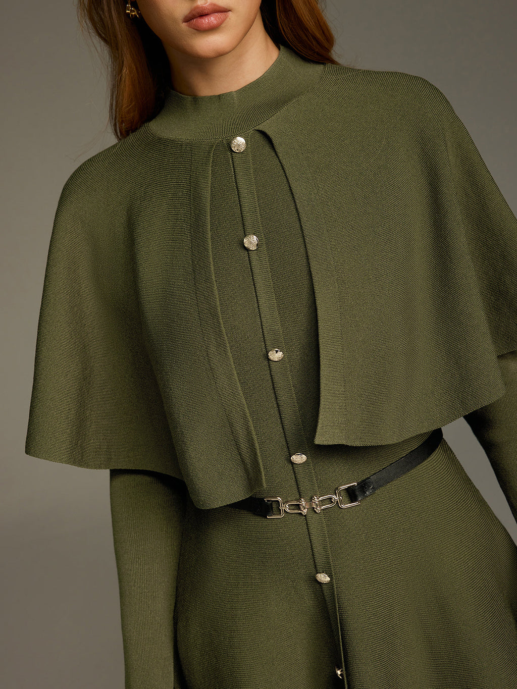 Capelet Midi Dress with Belt and Button Front