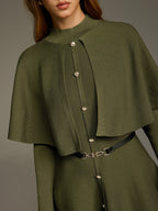 Capelet Midi Dress with Belt and Button Front