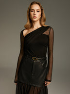 Asymmetric Neckline Mesh Bodysuit with Long Sleeves