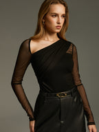 Asymmetric Neckline Mesh Bodysuit with Long Sleeves