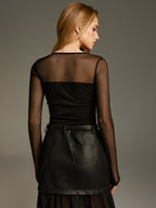 Asymmetric Neckline Mesh Bodysuit with Long Sleeves