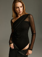 Asymmetric Neckline Mesh Bodysuit with Long Sleeves