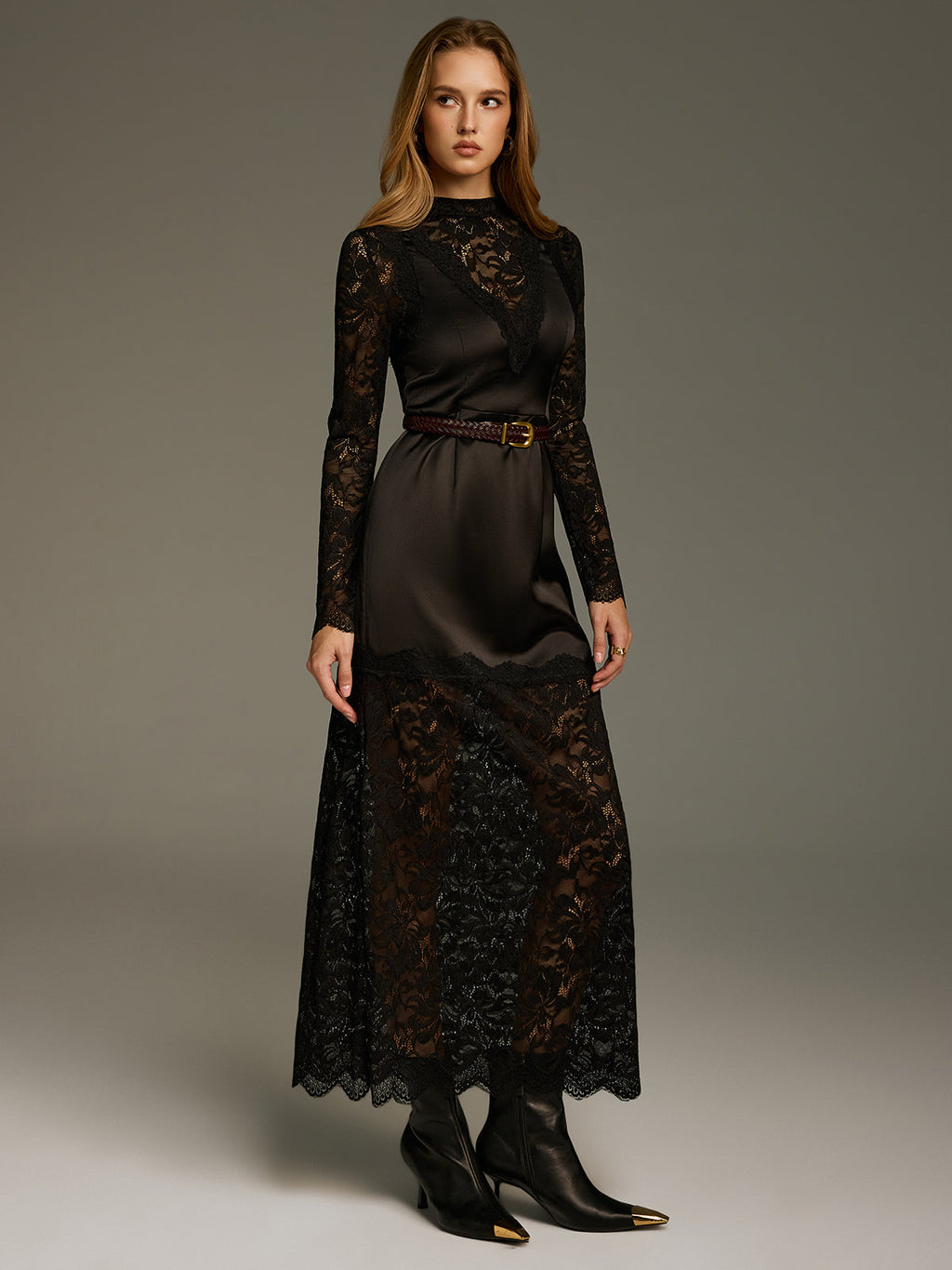 Satin and Lace Paneled Maxi Dress No Belt