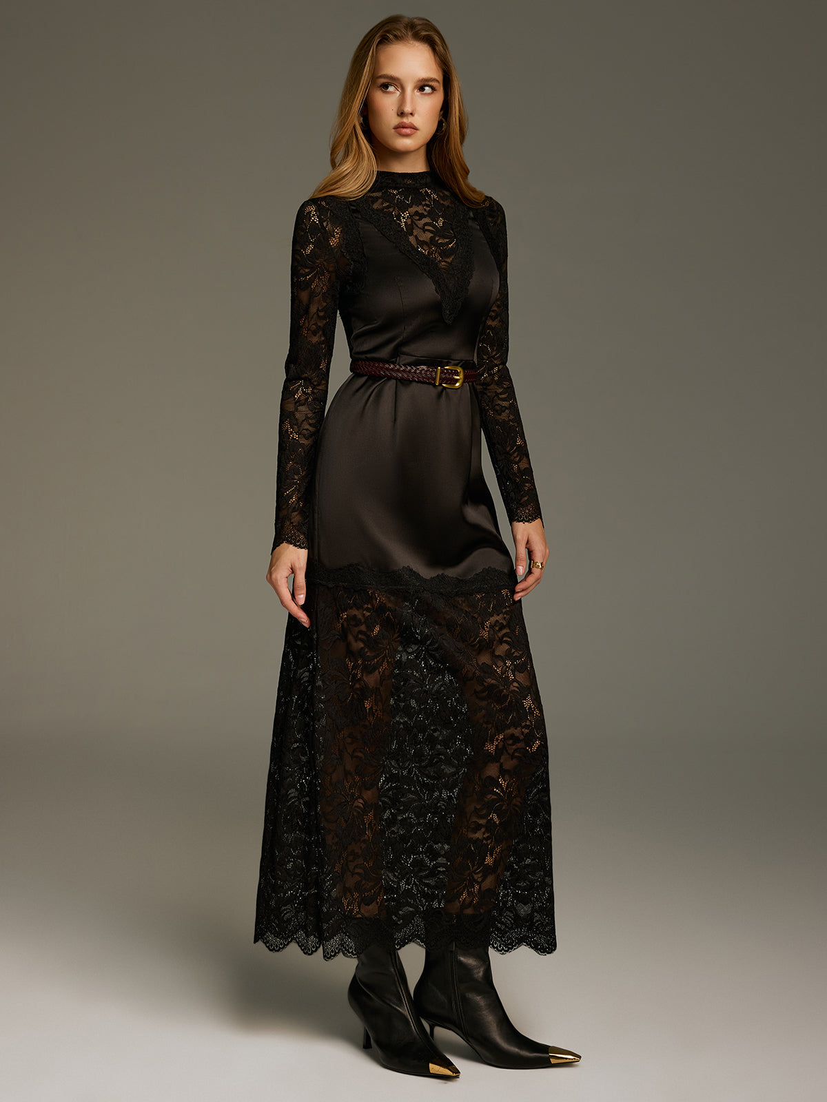 Satin and Lace Paneled Maxi Dress No Belt