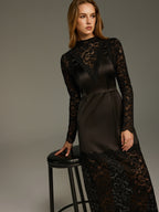 Satin and Lace Paneled Maxi Dress No Belt