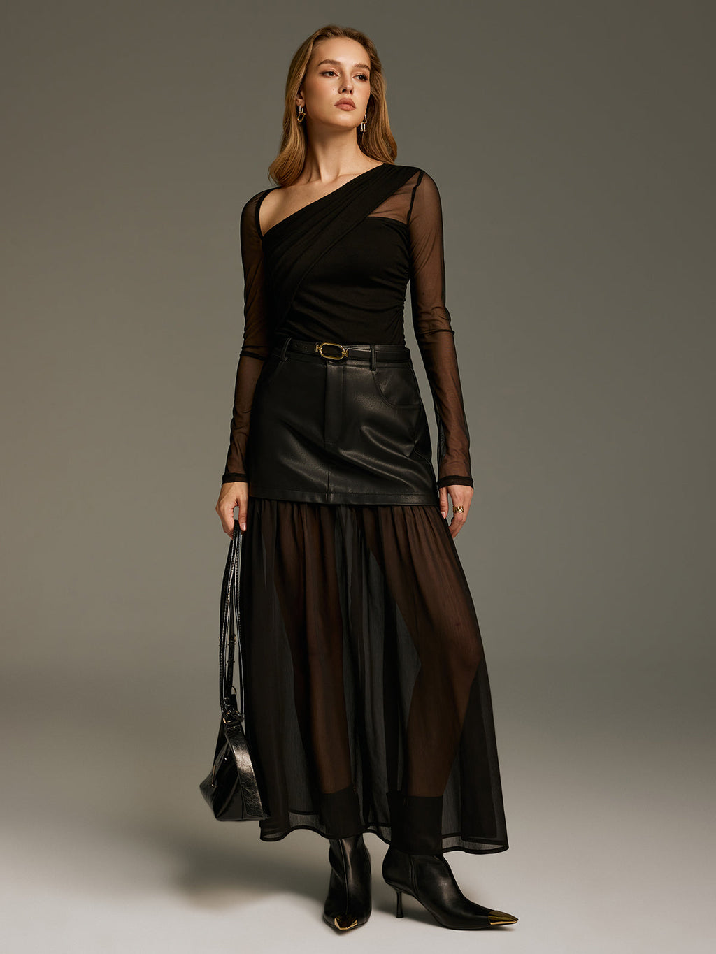 Asymmetric Neckline Mesh Bodysuit with Long Sleeves