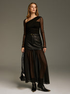 Asymmetric Neckline Mesh Bodysuit with Long Sleeves