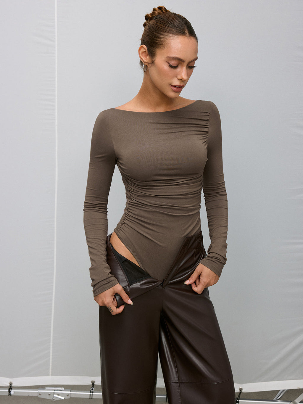 Long Sleeve Backless Bodysuit with Ruched Detail