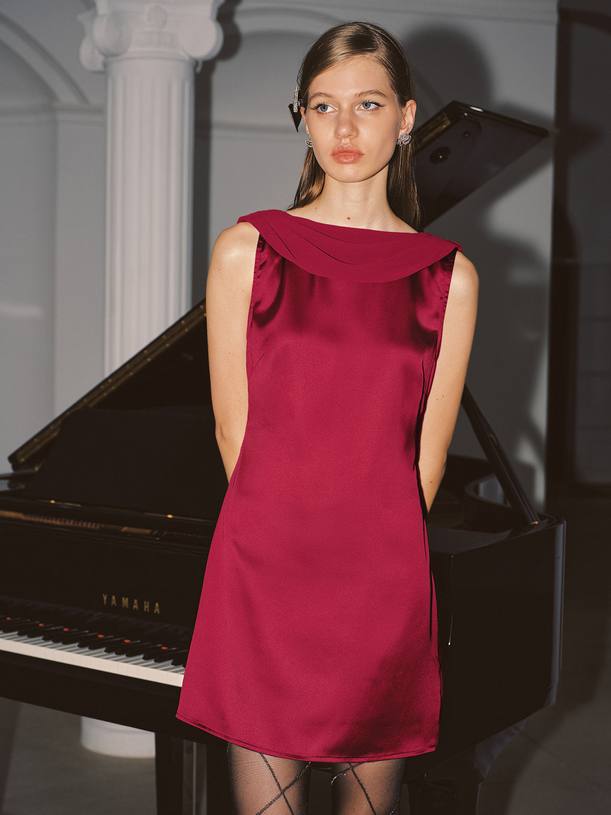 Satin Mini Dress with Cowl Neck and Backless Design