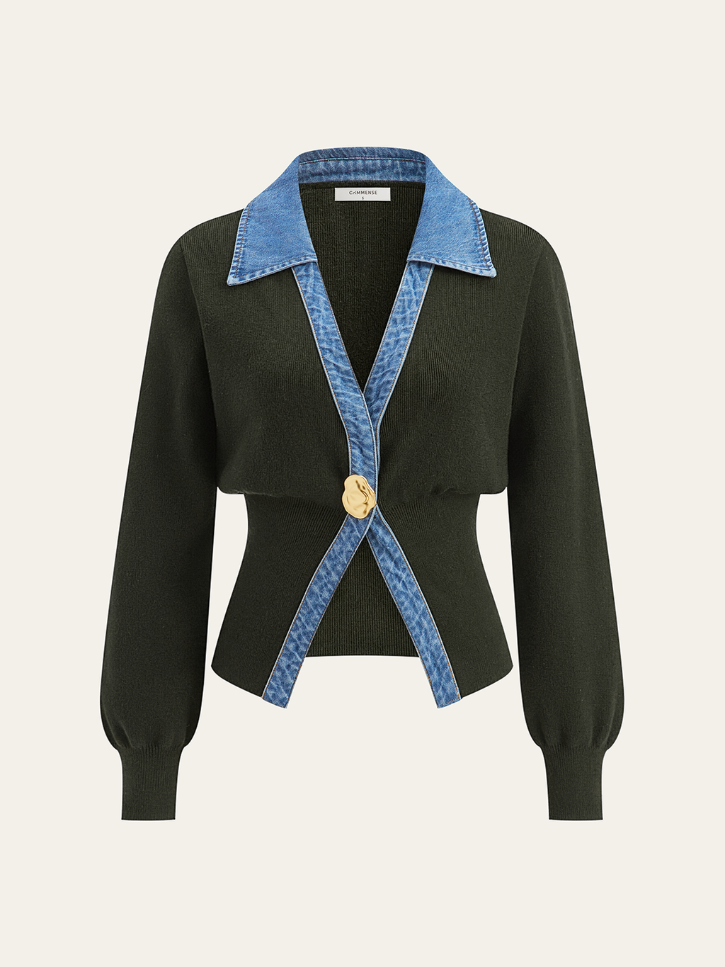 Denim-Trim Cardigan with Metal Buttons