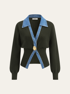 Denim-Trim Cardigan with Metal Buttons