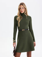 Ribbed Turtleneck Mini Dress with Belted Waist