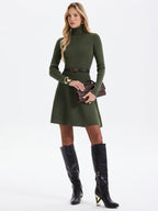 Ribbed Turtleneck Mini Dress with Belted Waist