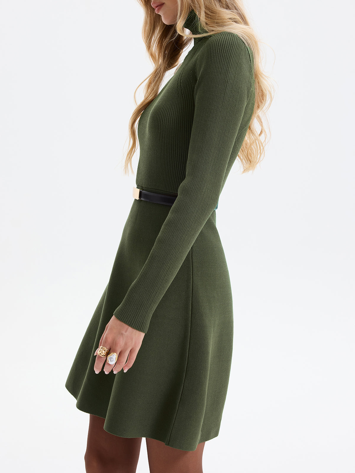 Ribbed Turtleneck Mini Dress with Belted Waist