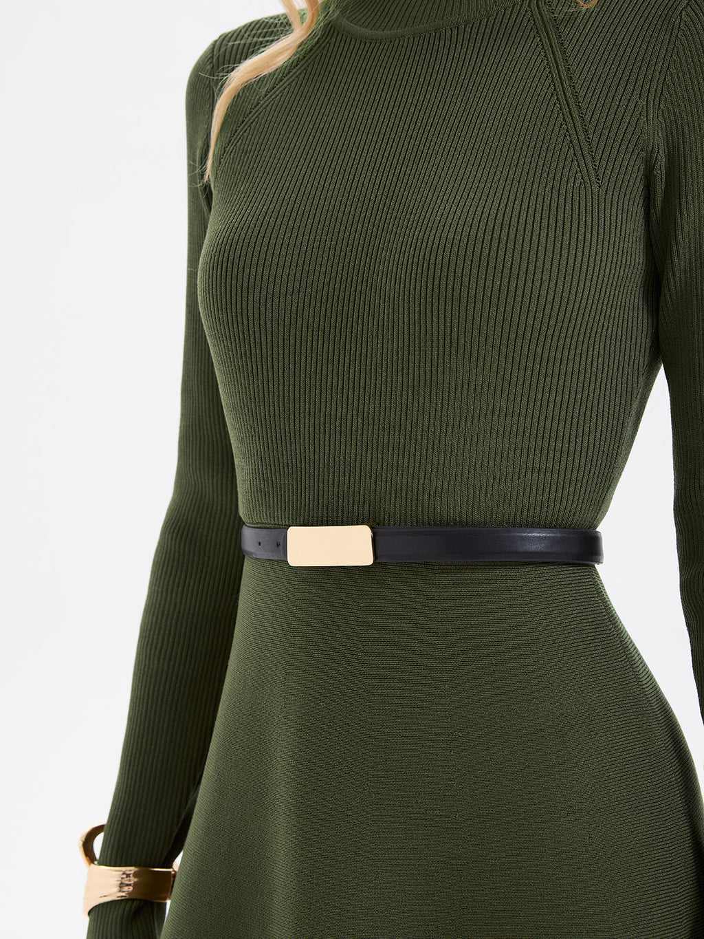 Ribbed Turtleneck Mini Dress with Belted Waist