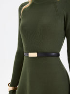 Ribbed Turtleneck Mini Dress with Belted Waist