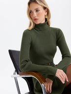 Ribbed Turtleneck Mini Dress with Belted Waist