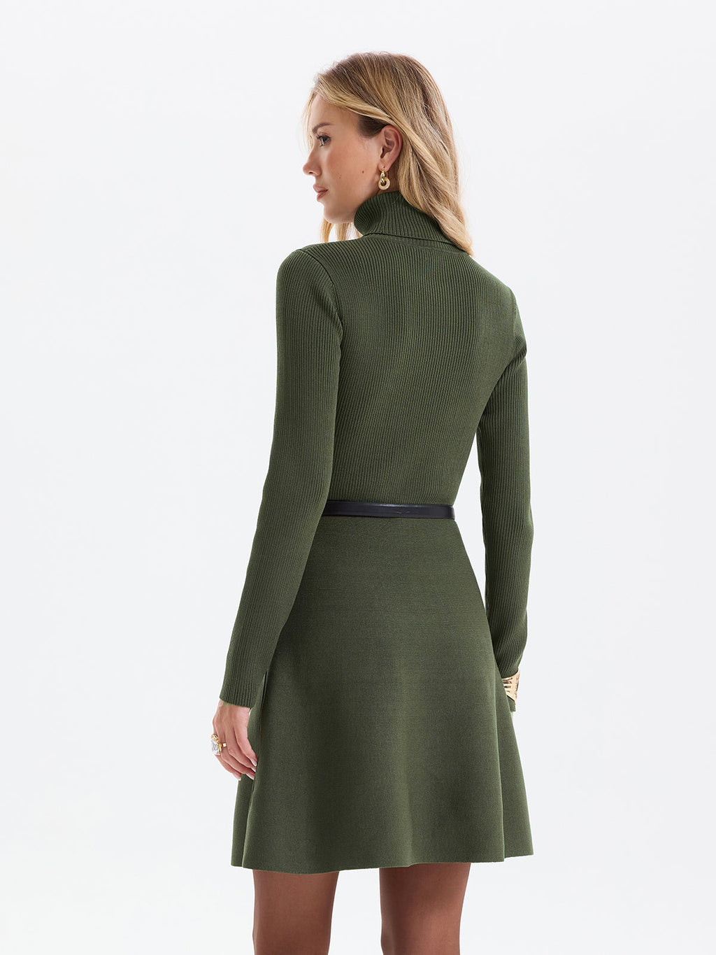 Ribbed Turtleneck Mini Dress with Belted Waist
