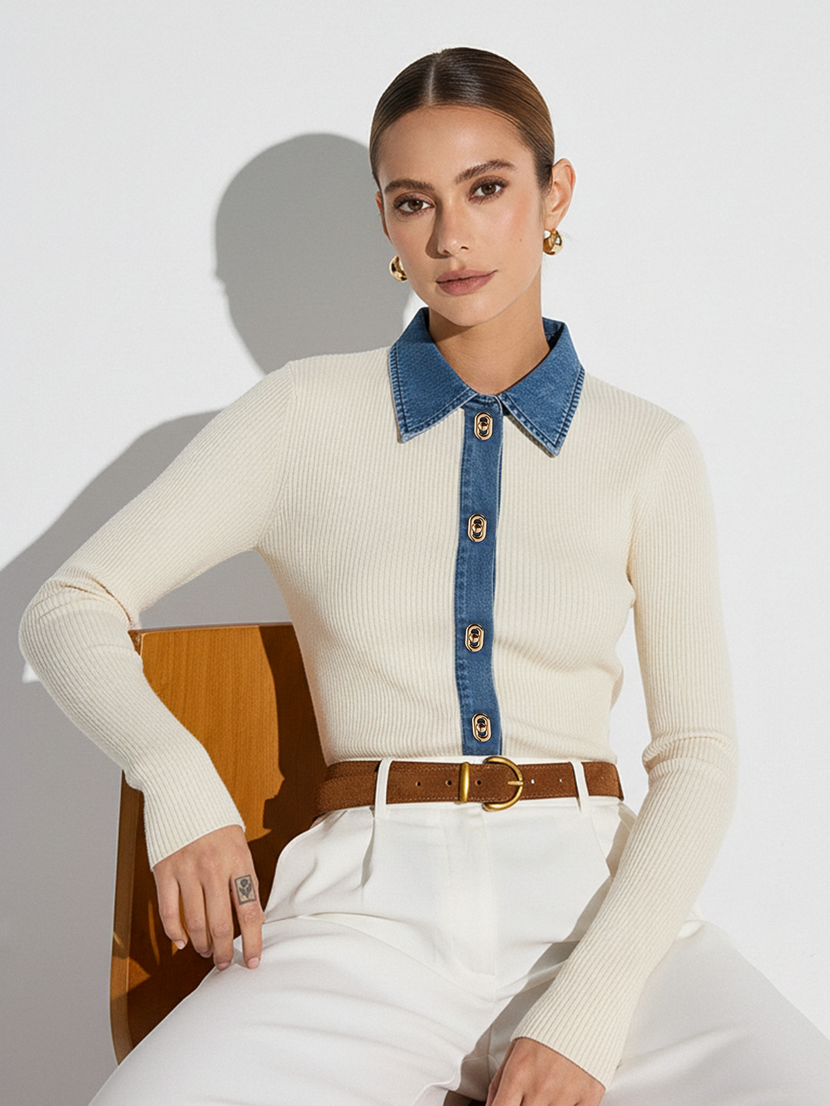 Wool Blend Cardigan with Denim Collar and Metal Buttons