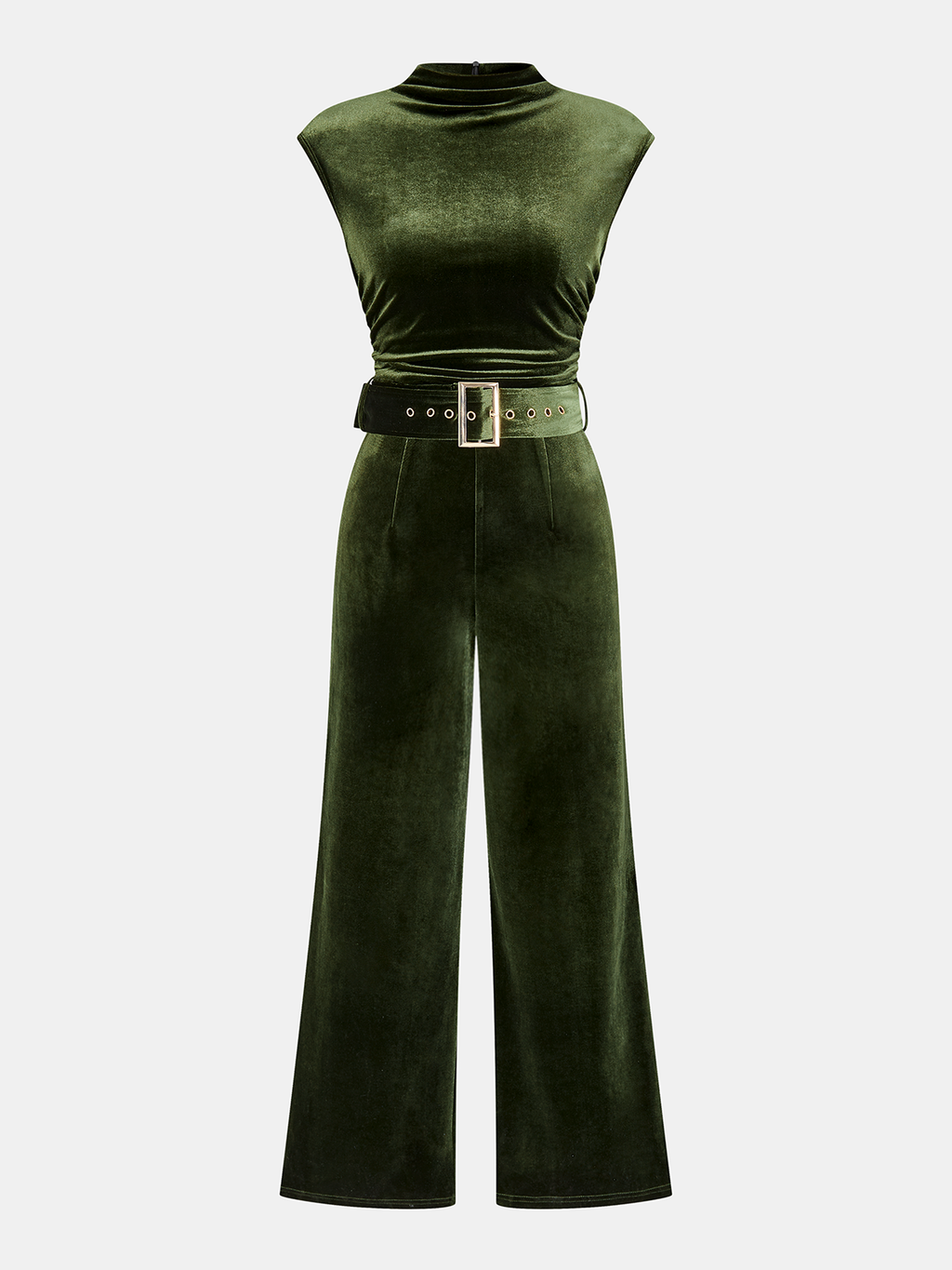 Velvet Belted Sleeveless Wide-Leg Jumpsuit