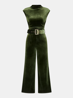 Velvet Belted Sleeveless Wide-Leg Jumpsuit