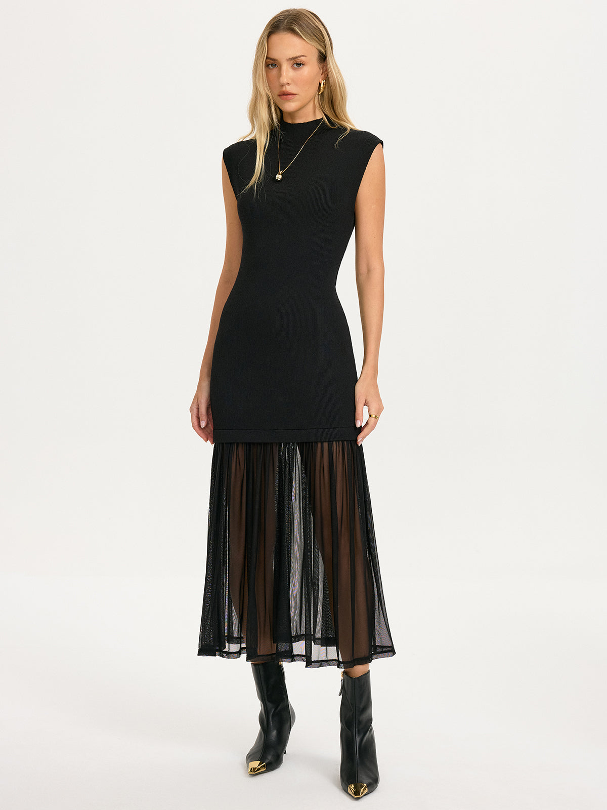 Pleated Hem Sleeveless Knit Dress with Sheer Detail