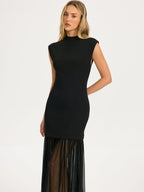 Pleated Hem Sleeveless Knit Dress with Sheer Detail