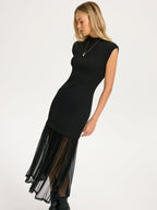 Pleated Hem Sleeveless Knit Dress with Sheer Detail