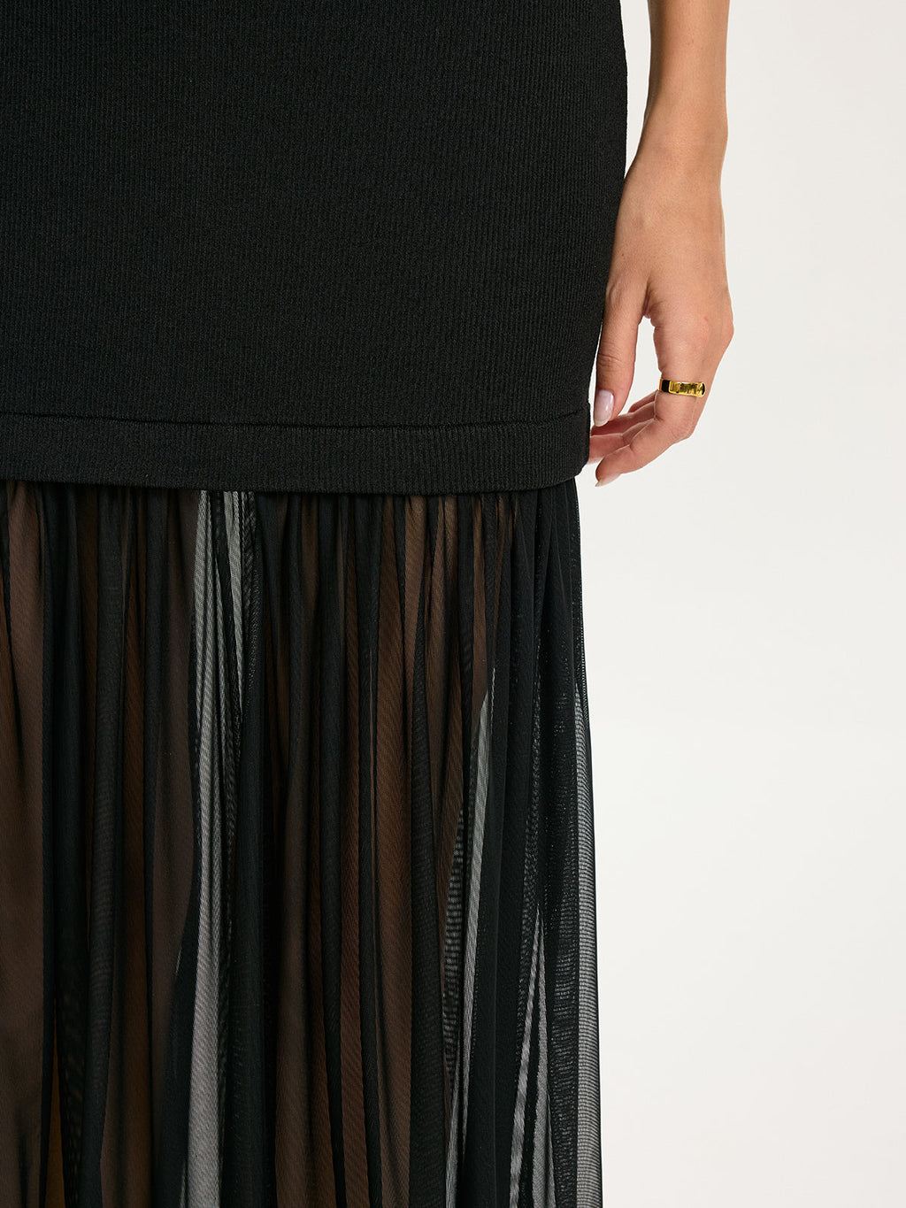 Pleated Hem Sleeveless Knit Dress with Sheer Detail