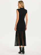 Pleated Hem Sleeveless Knit Dress with Sheer Detail