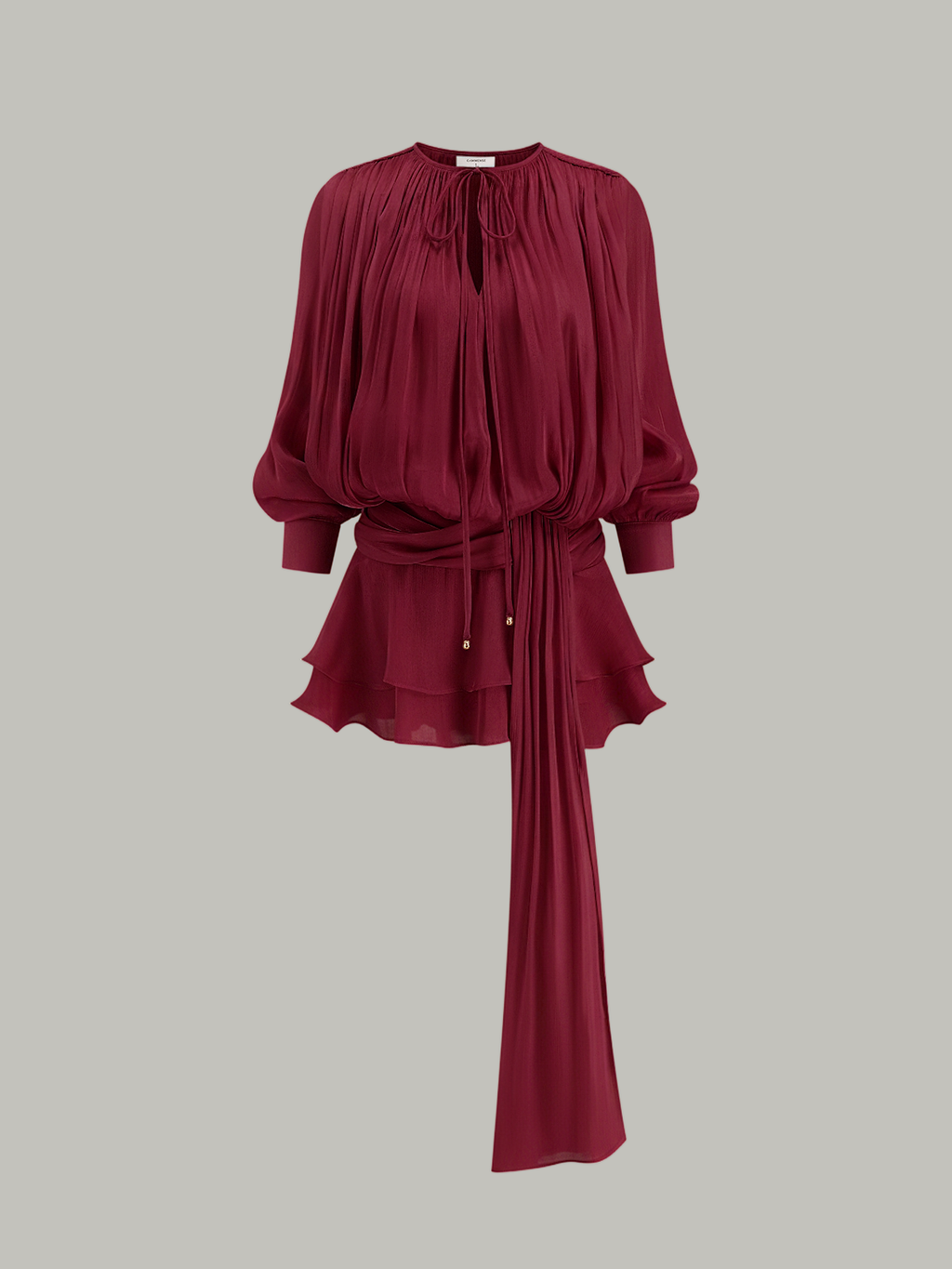 Semi-Sheer Draped Mini Dress with Tiered Tie Waist
