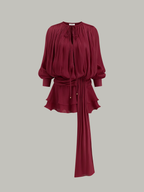 Semi-Sheer Draped Mini Dress with Tiered Tie Waist