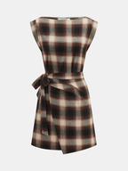 Plaid Cotton Wrap Dress with Tie-Waist Sleeveless Design
