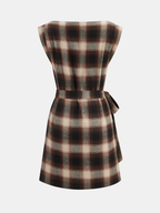 Plaid Cotton Wrap Dress with Tie-Waist Sleeveless Design