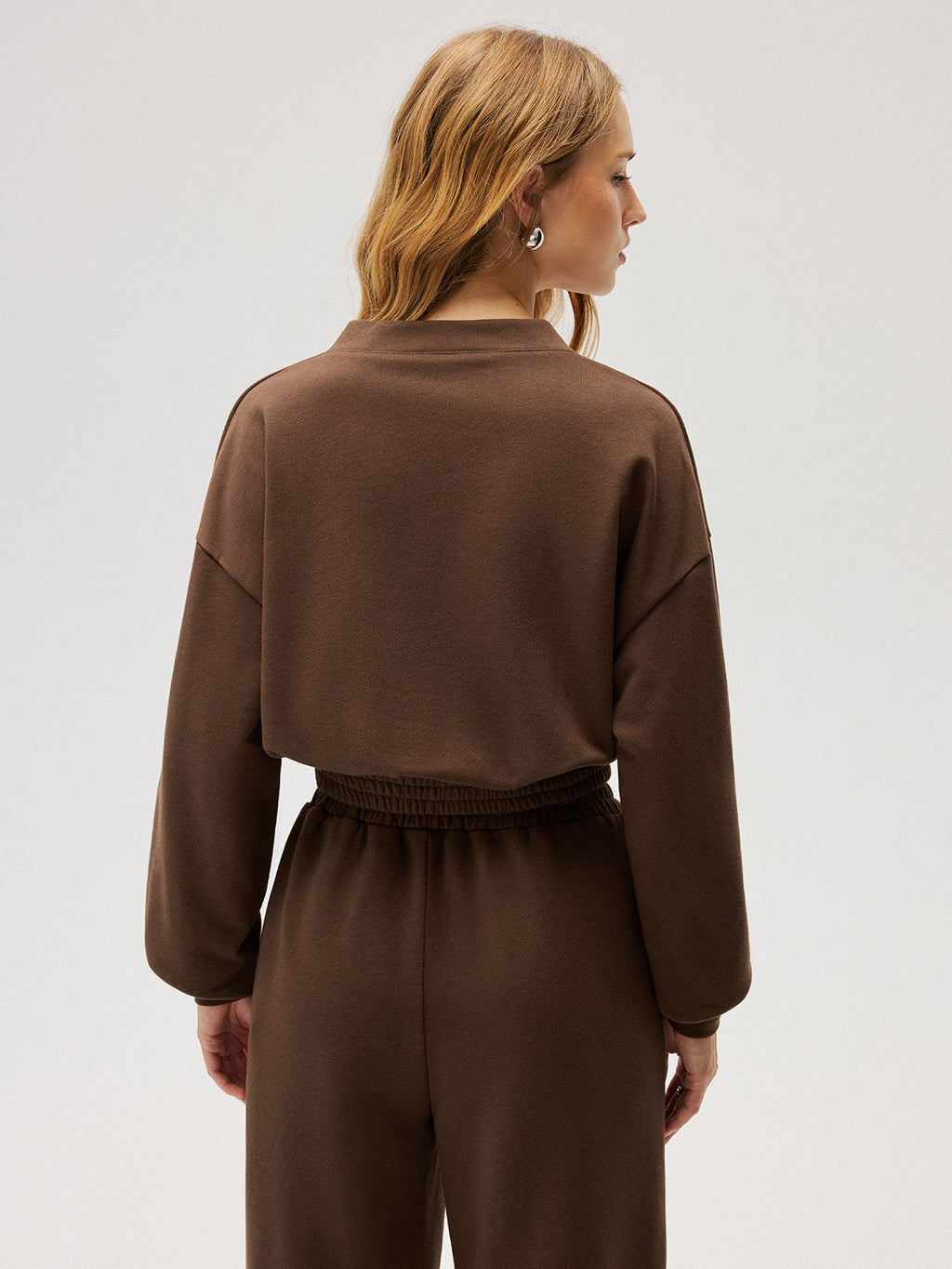 Elastic Waist Crop Sweatshirt with Button Details