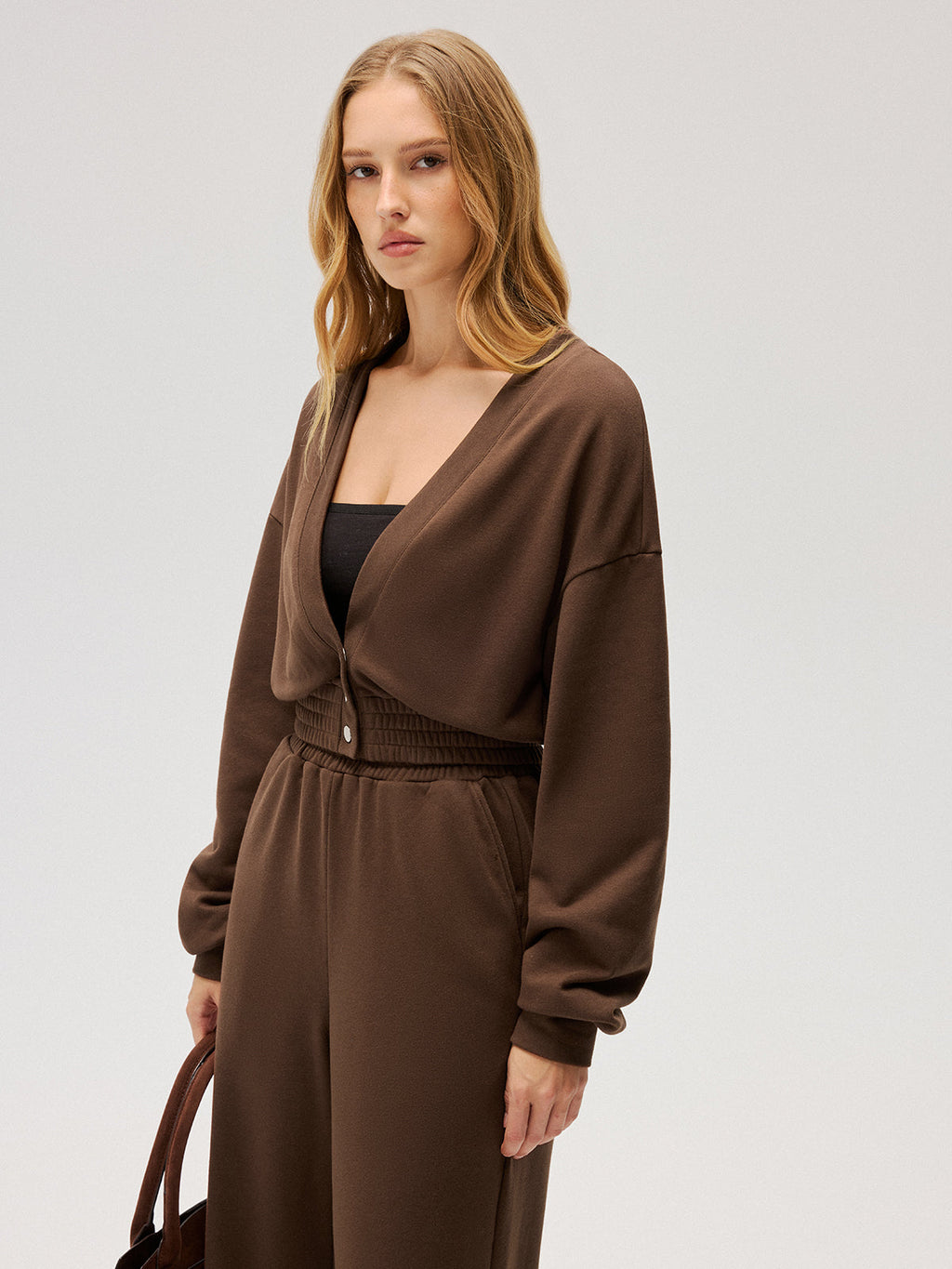 Elastic Waist Crop Sweatshirt with Button Details