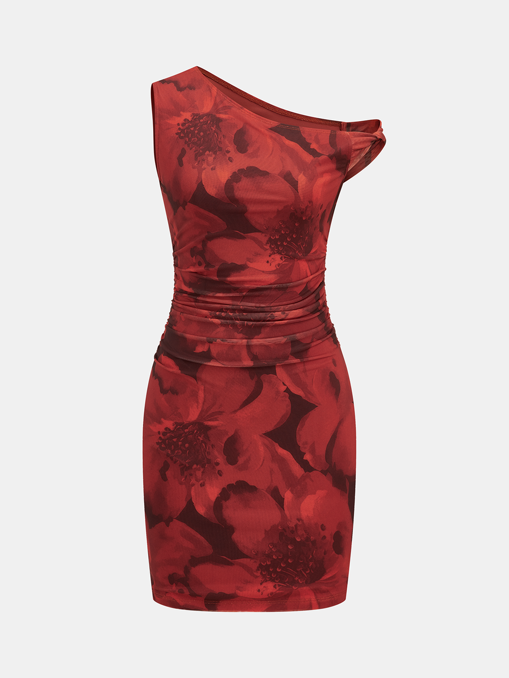 One-Shoulder Floral Ruched Dress in Bodycon Style