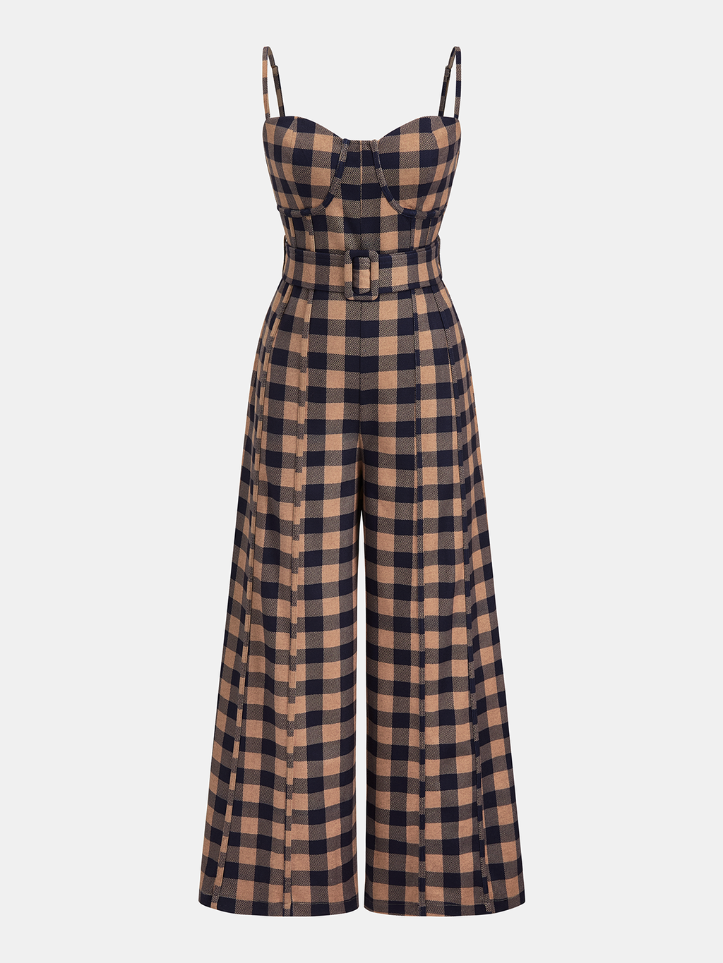 Plaid Wide-Leg Jumpsuit with Belted Cami Top
